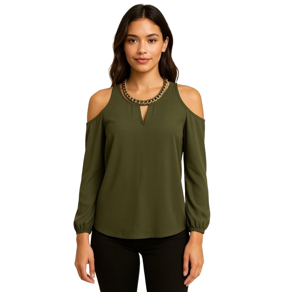 J FOR JUSTIFY Women’s Dark Olive Green Cold Shoulder Blouse Gold‎ Chain Size M
